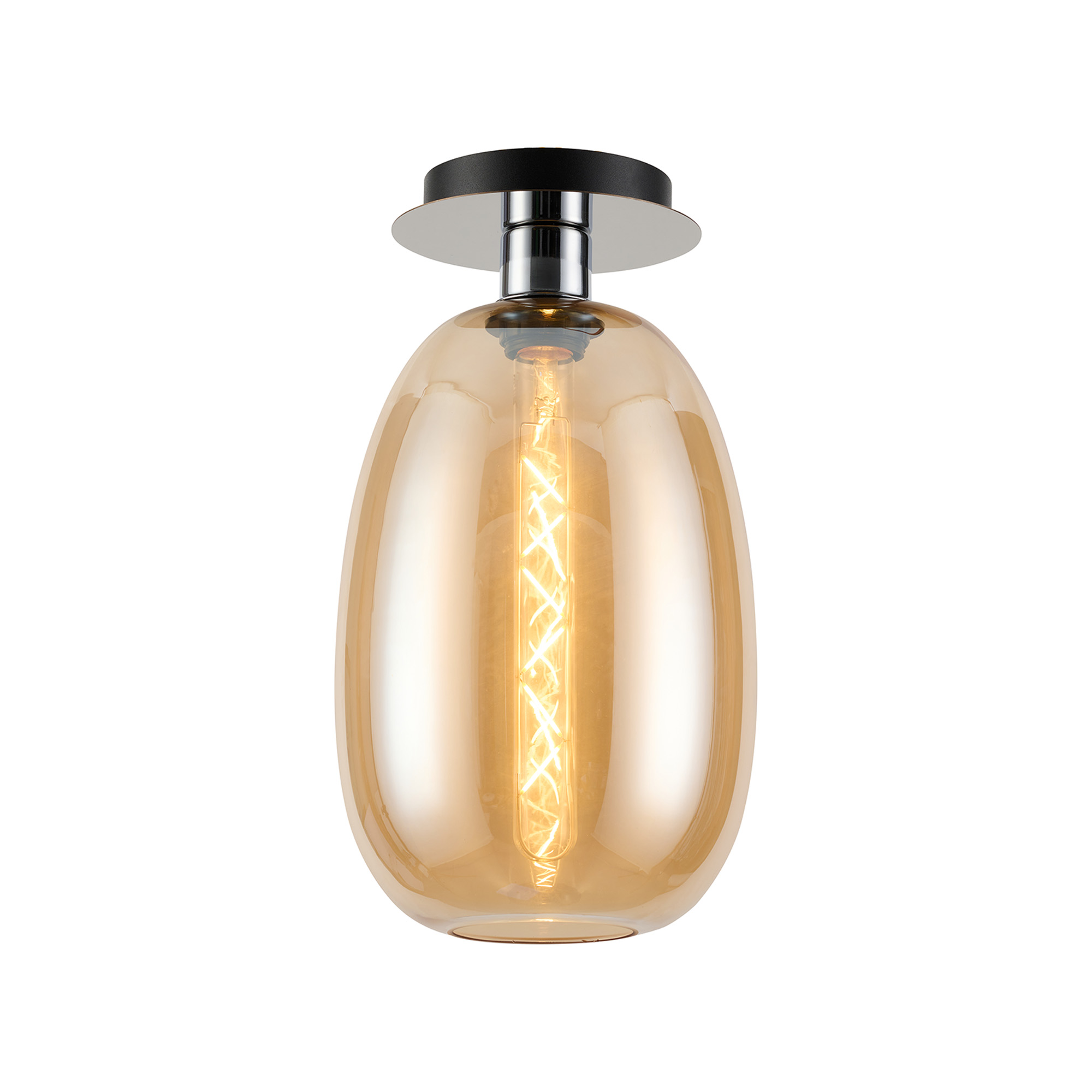 DK1330  Lori 15cm Round Ceiling Flush, 1 Light Flush Fitting E27, Polished Chrome/Amber Slim Curved Trapezium Shades